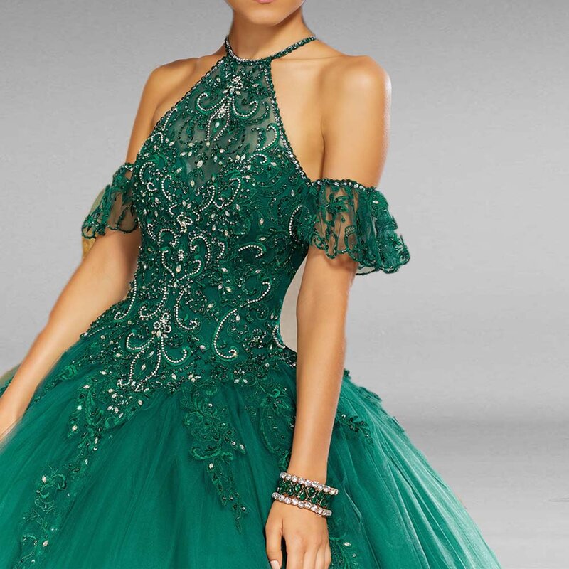 Janevini elegante princesa verde escuro quinceanera vestidos de baile halter apliques luxo contas pesadas tule vestidos de 15 anos