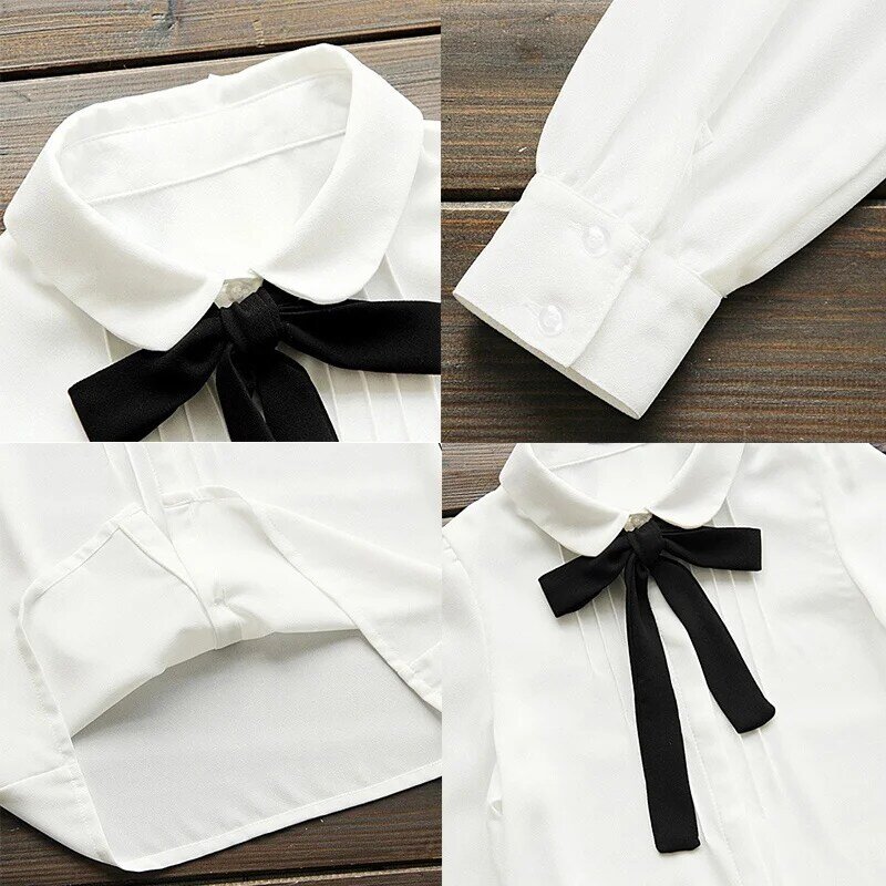 Blusas brancas coreanas elegantes Bow Tie para mulheres, camisa casual de chiffon, tops femininos, roupas escolares femininas