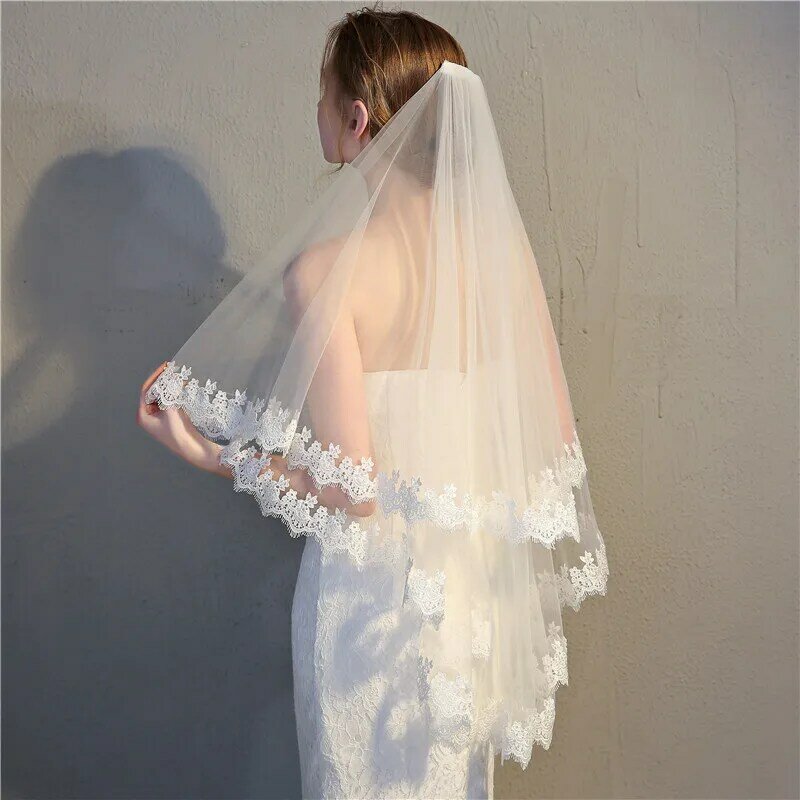 Janevini véu de noiva, véu vintage marfim curto com 2 camadas, longo, cotovelo, apliques de renda, com pente