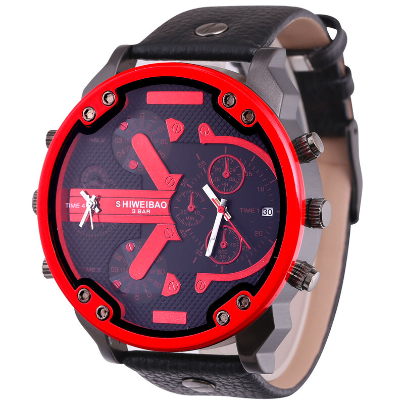 Luksusowa marka zegarek kwarcowy mężczyźni duża tarcza Dual Times data męskie zegarki czarnym paskiem Miltiary Relogio Masculino klasyczny zegarek człowiek nowy