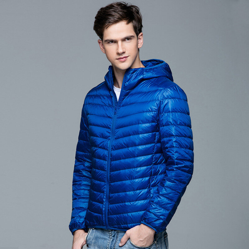 Męski puszysty płaszcz zimowy modny z kapturem kurtki z puchu kaczego ultralekki puchowy płaszcz przenośny, smukłe parki wypełniające pióro 5XL 6XL