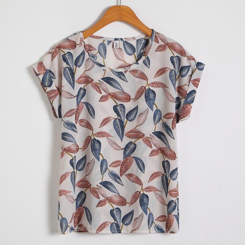 Blusa de chifón de manga corta para primavera y verano, camisa de ocio con cuello redondo, estampada, H9056