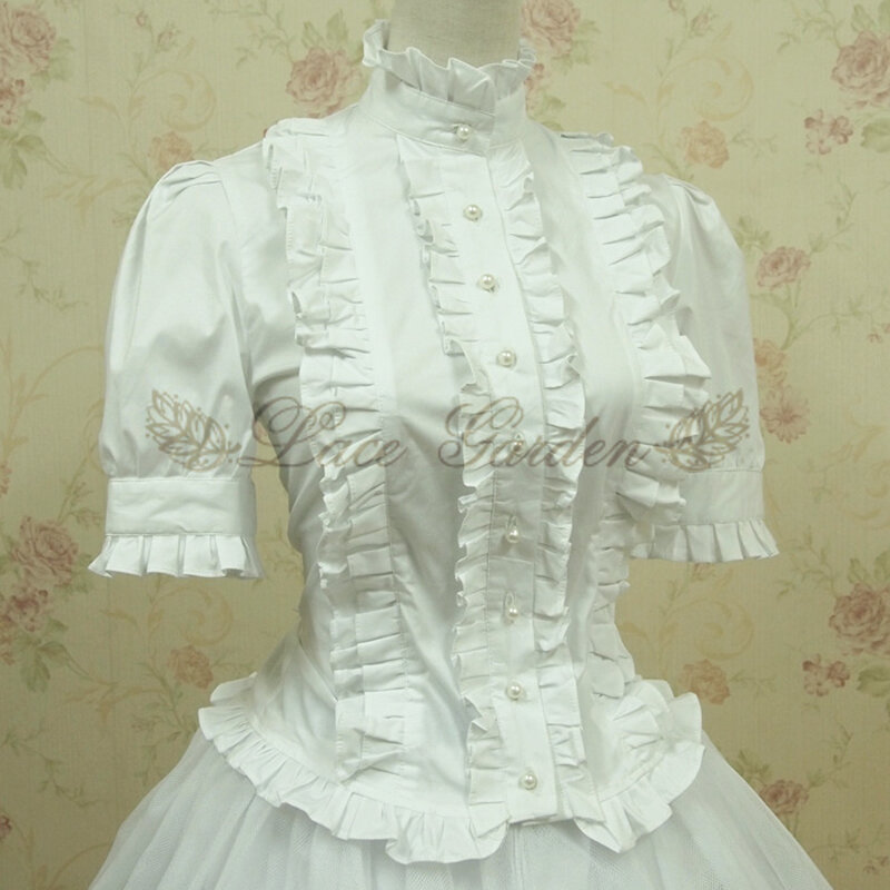 Summer women white short Tops Vintage Victorian Ruffled Bandage shirts Ladies gothic blouse lolita costume