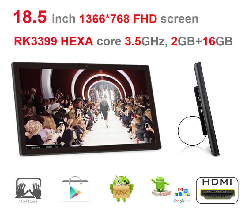 HEXA core 18.5 pouces Android Smart KISOK/tout en un pc (RK3399, 3.5GHz, 2GB ddr3, 16GB nand, Nougat,100m/1000m, 2.4G/5G wifi)