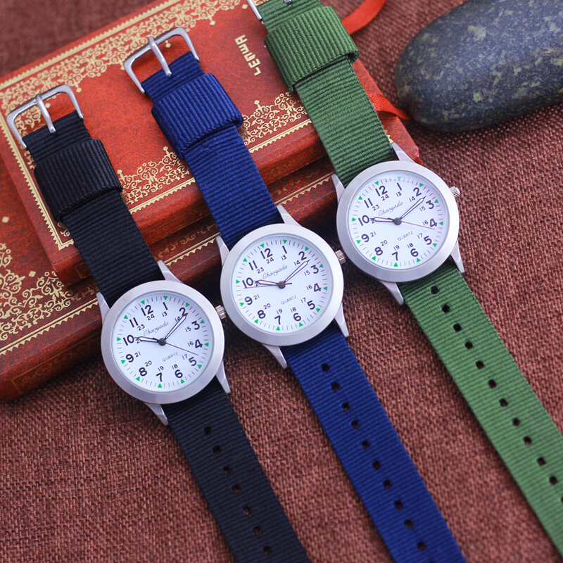 Chaoyada-Reloj de pulsera de cuarzo para niños y niñas, cronógrafo luminoso de lona, resistente al agua, estilo militar, 24 horas, 2024