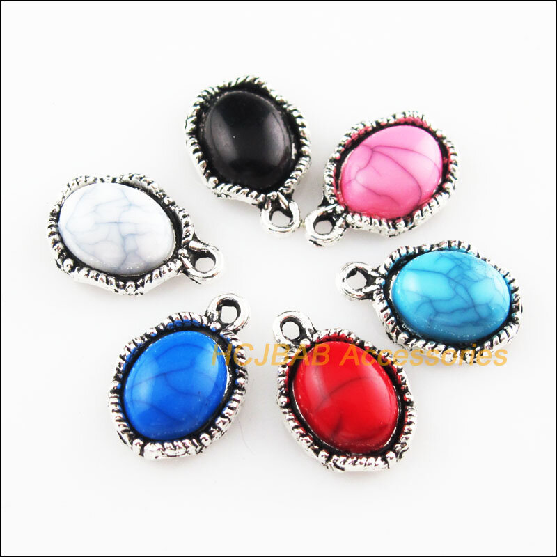 24Pcs Tibetan Silver Color Oval Mixed Stone Charms Pendant 10.5x15.5mm