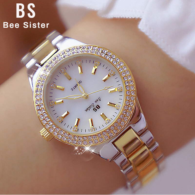 Relógios de pulso de ouro para mulheres, Cristal Diamante, Aço inoxidável, Relógio de prata, Vestido para senhoras, 2023, 2023