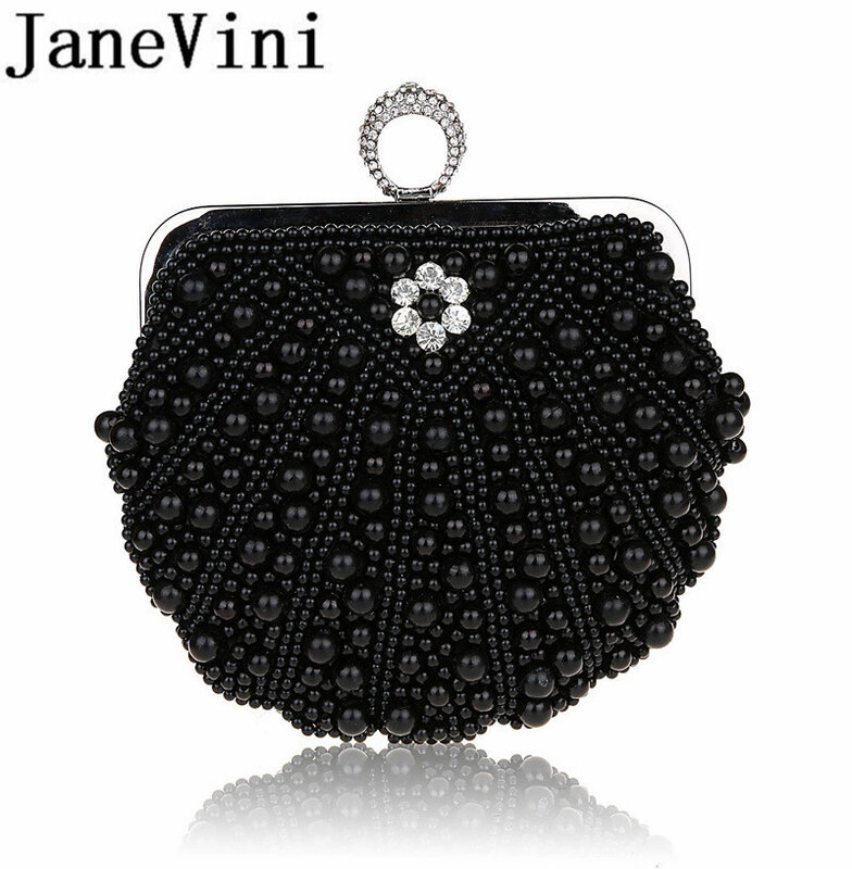 JaneVini 2019 New Style Shell Bag Women Pearls Evening Handbags Ivory Shiny Crystal Wedding Party Clutch Bags With Chain Wallets