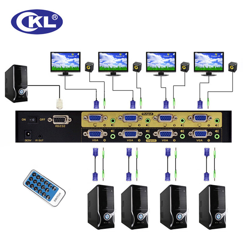 CKL-444R High-end Caixa de Interruptor VGA Splitter com áudio 4 em 4 fora 2048*1536 450 MHz para PC Monitor wih RS232 Controle Remoto IR