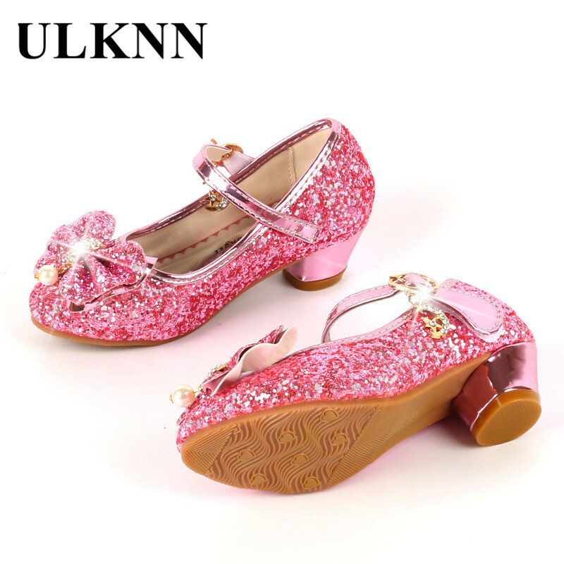 ULKNN Princess Kids Leather Shoes For Girls Flower Casual Glitter Children High Heel Girls Shoes Butterfly Knot Blue Pink Silver