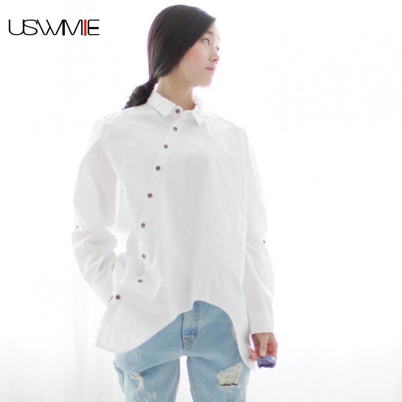 2020 Autumn Women Blouses Mori Girl Style Pure Color Turn-down Collar Long Sleeve Bottom Shirt Joker Irregular Hem Tops USWMIE