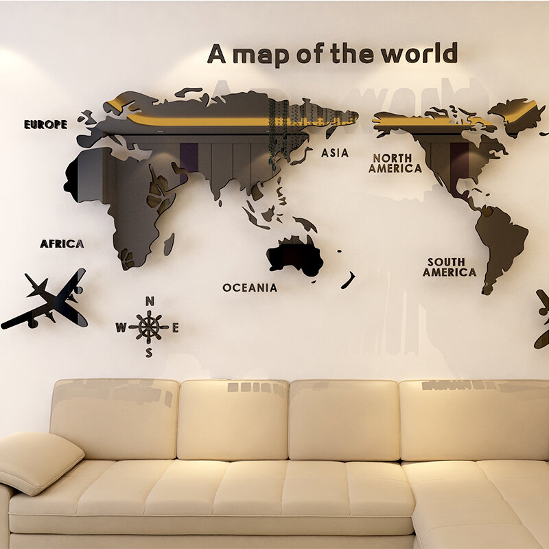 Mapa del mundo acrílico 3D de cristal sólido para pared de dormitorio, pegatinas para sala de estar y aula, decoración de oficina, ideas DIY
