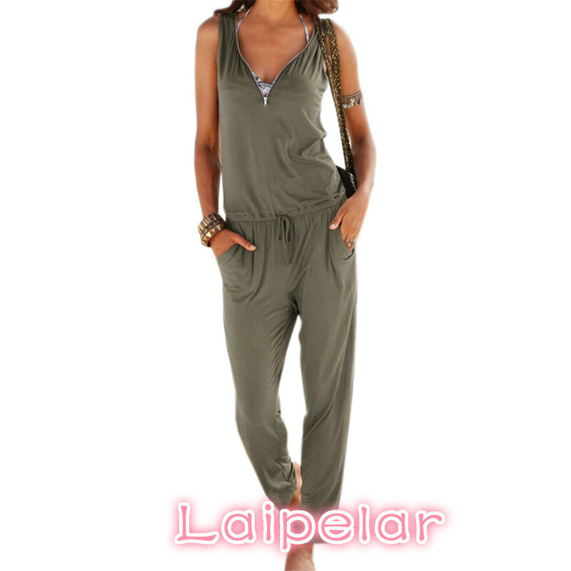 セクシーなノースリーブオーバーオール衣装 V ネックビーチ夏の女性のファッションジャンプスーツロングオーバーオールジャンプスーツプラスサイズ LX341