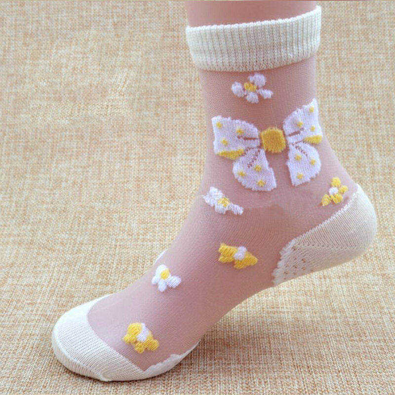 ถุงเท้าเด็ก0-11ปี4คู่ KAOS Kaki anak perempuan 2024ลายดอกไม้ผีเสื้อทำจากแก้วสำหรับฤดูร้อน