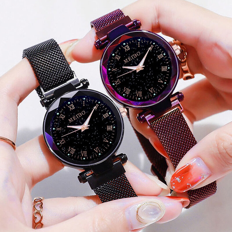 Женские часы 2022, модные женские часы со звездным небом, часы с магнитным сетчатым ремешком, женские светящиеся кварцевые наручные часы, женские часы