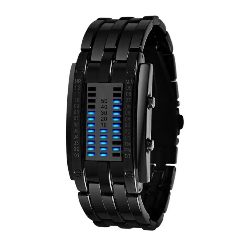 Homens e mulheres Digital LED relógio de esportes, aço inoxidável preto, tecnologia do futuro, binário, casal, data, pulseira