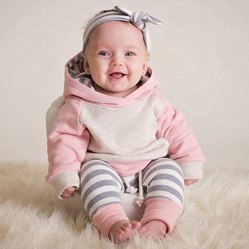 3Pcs Toddler Baby Boys Girls Clothing Sets Long Sleeve Hoodie Tops Sweatsuit Stripe Pants Outfit Set Newborn Infant Clothes