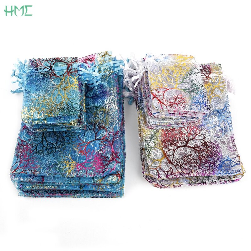 Colorido Drawstring Organza Bags, Jóias Embalagem Display Bags, Wedding Party Gift Pouches, branco, azul, 10 Pcs, 20 Pcs, 50Pcs