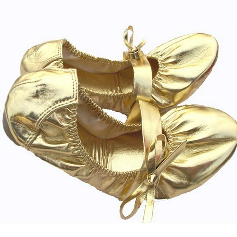USHINE-zapatos dorados de cuero para mujer, calzado suave para entrenamiento de Yoga, Ballet y danza del vientre