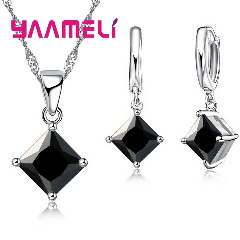 Neue Mode Frauen Anhänger Halskette einfache Geometrie quadratische Ohrringe Kristall Sterling Silber Schmuck Sets für die Hochzeit