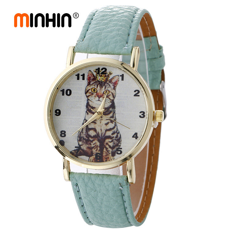 Minhin moda menina relógio estudante de couro quartzo relógios gato padrão pulseira relógios para mulheres por atacado criativo relógio