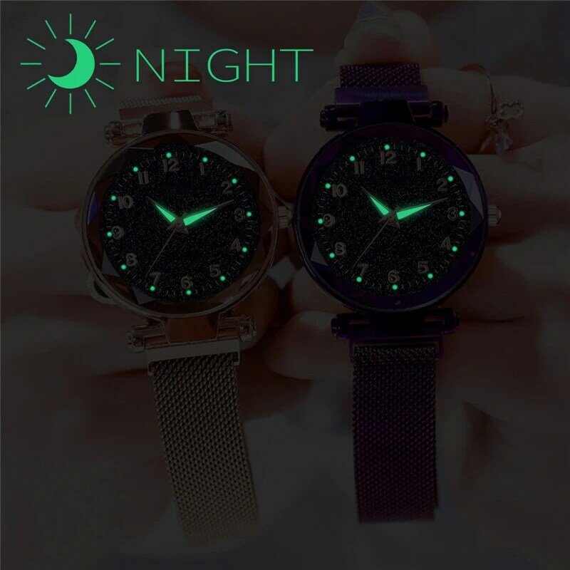 Women watch fluorescence Starry sky numeral Milan Magnet Buckle Luxury Fashion Ladies Geometric Roman Numeral Quartz Watch