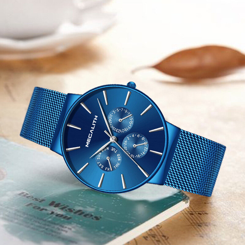 MEGALITH Mens Watches Top Brand Luxury Sport Watch Slim Mesh Steel Date Waterproof Quartz Watch For Men Clock Relogio Masculino