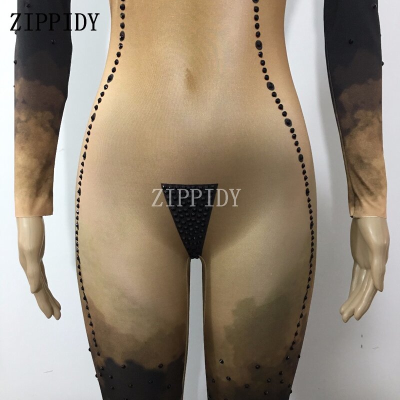Fashion Bright Black Crystals Nude Jumpsuit Stretch Skinny Women's Dance Costume Prom Party Show Nightclub Singer Stage Wear