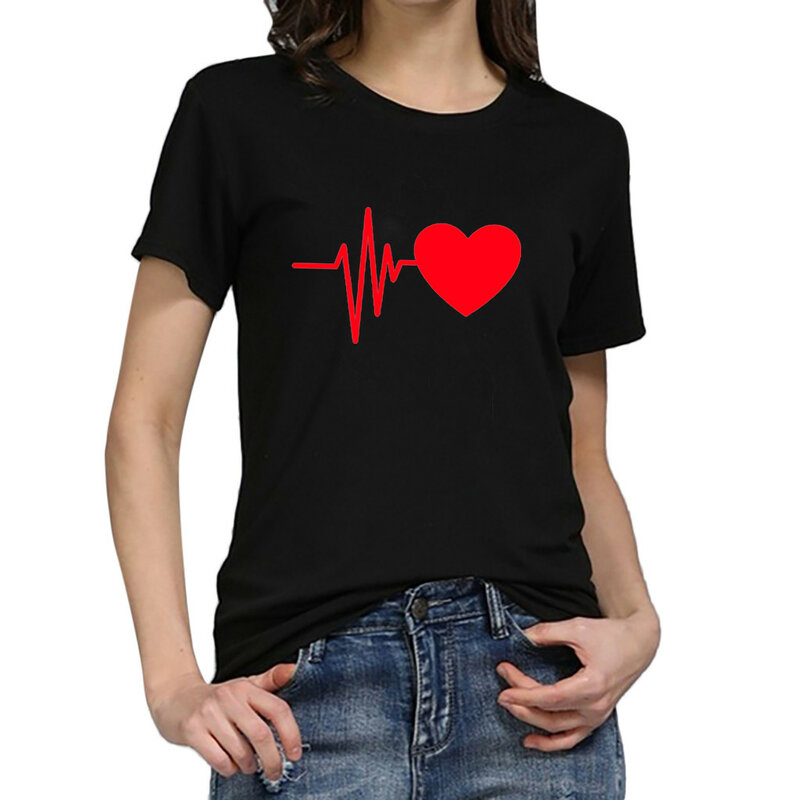 Camiseta holgada de manga corta con estampado de corazón para mujer, estilo coreano, manga larga, cuello redondo, Top femenino de talla grande, ropa informal simple