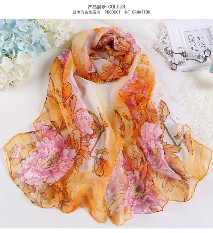 새로운 패션 그라데이션 꽃 스카프 여성 실크 쉬폰 목도리 얇은 긴 부드러운 숄 및 인쇄 폴리 에스테르 스카프 도매