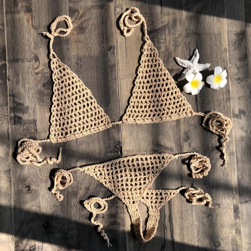 Biquíni de crochê artesanal, micro-tanga, roupas de praia, lingerie sexy set, venda especial, novo 2019