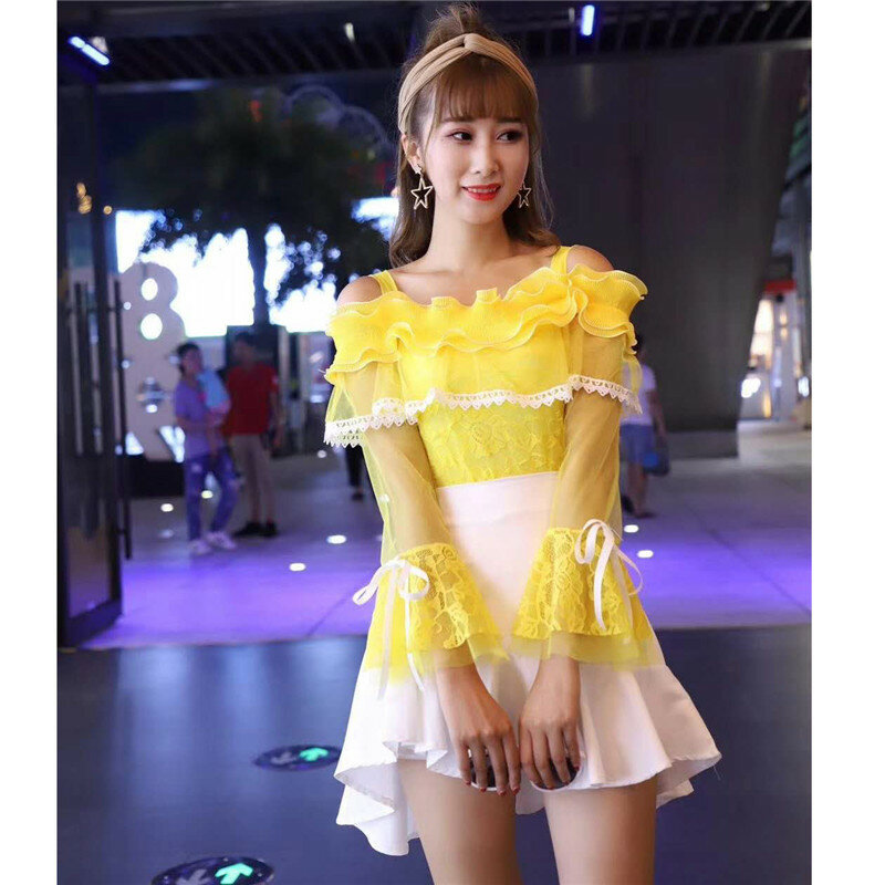 Spring Women Long Sleeve Mesh Blouse Sweet Floral Slash Neck Lace Shirt Female Bow Hollow Out Ruffles Blouses Short Tops AB1385