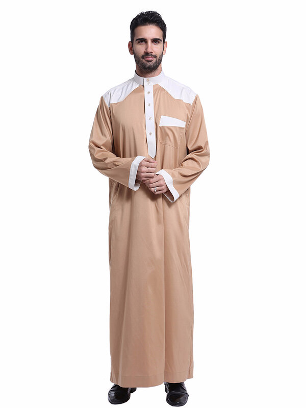 Vestido muçulmano branco manga longa thobe, roupa islâmica masculina