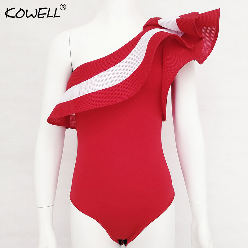 Женский гимнастический комбинезон с открытыми плечами, красный короткий Облегающий комбинезон с оборками, Летний комбинезон