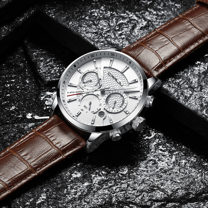 นาฬิกา Mens 2021 CRRJU Casual หนัง Quartz นาฬิกายี่ห้อเป็นทางการสุดหรูนาฬิกาชายกีฬากันน้ำกันน้ำ Chronograph