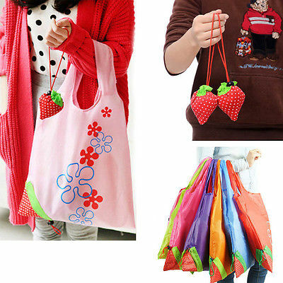 Floral Folding Reusable Grocery Nylon Bag Large Strawberry  Shopping Bag Cute Travel Tote