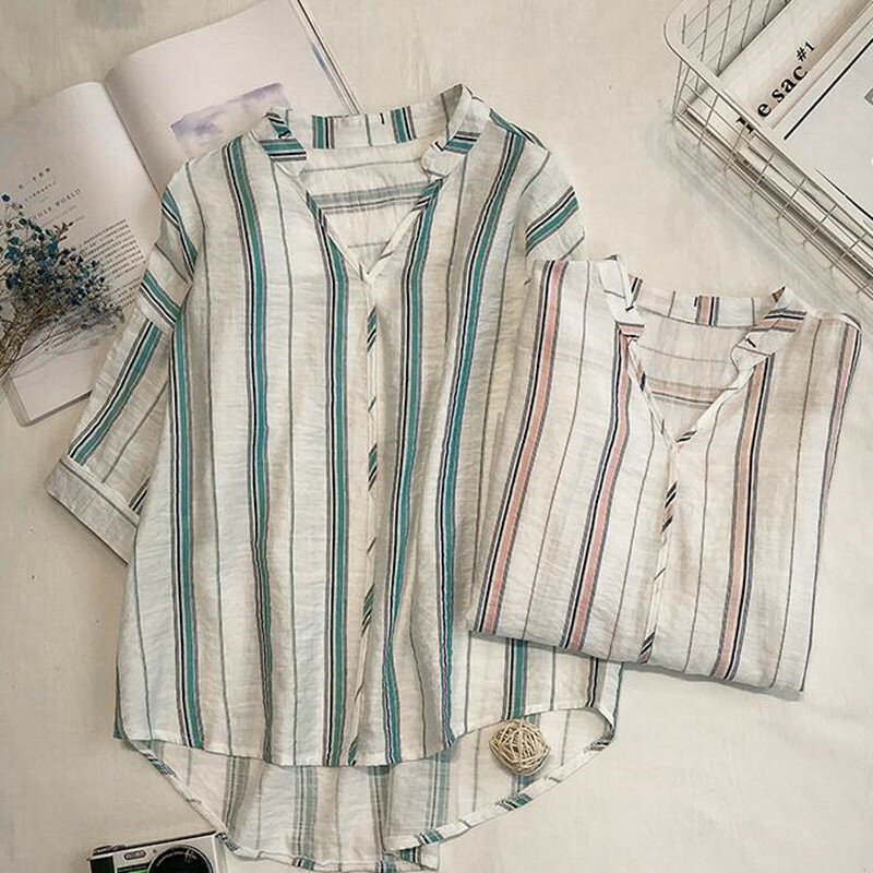 Camisa feminina de verão, manga morcego solta, gola v, blusa de manga curta listrada, lazer feminino, moda coreana, roupas top h9005