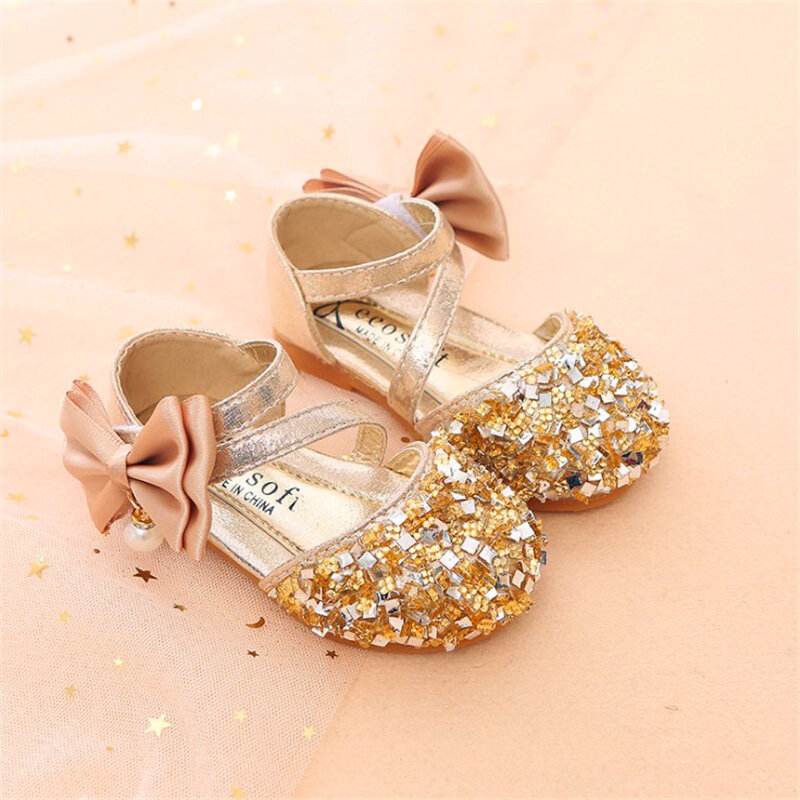 Gold Silver Pink summer Children Leather Shoes Casual Girls Princess Flat Heel Party Shoes Fashion Sequins Bow Pearl Kids Shoes