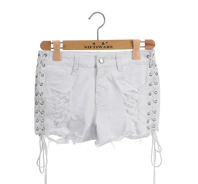 Nieuwe Mode Zomer Gat Denim Jeans Shorts 2021 Vrouwen Sexy Lace Up Hollow Out Ripped Jeans Shorts Hoge Taille Zwart korte