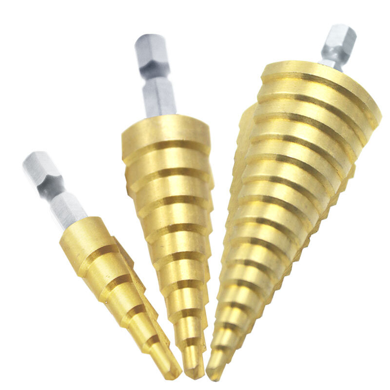 Conjunto de ferramentas brocas revestidas de titânio, flauta espiral métrica, aço HSS step, cone 4241, cortador de furos, 4-12mm, 4-20mm, 4-32mm