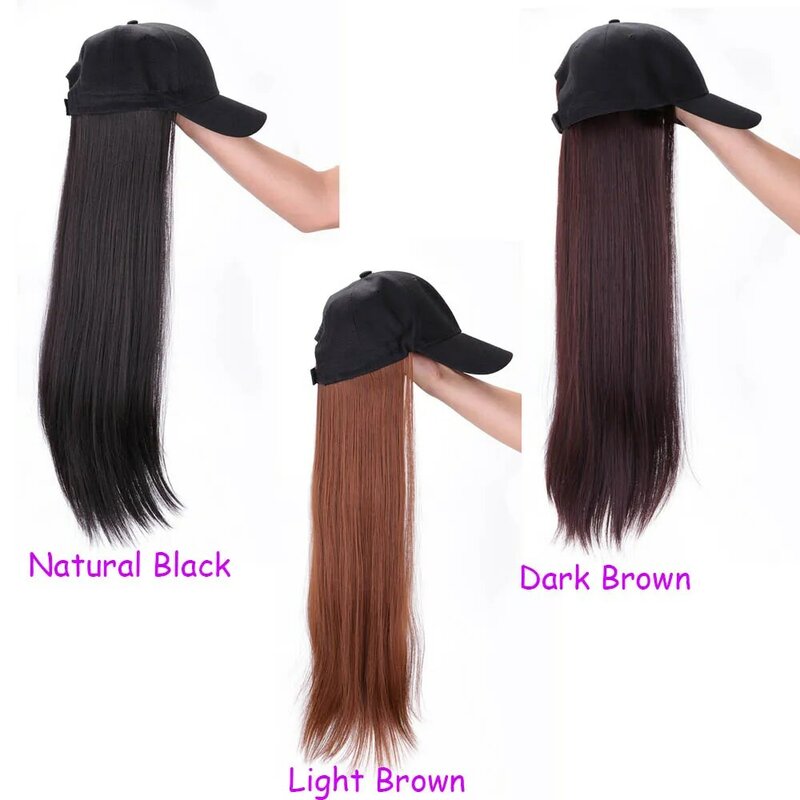 JUNSI-Peluca de sombrero largo ajustable, pelucas rectas negras naturales, sombrero sintético, conexión Natural