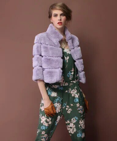 Spring Autumn Women's Genuine Natural Rex Rabbit Fur Jacket 3/4 Sleeve Lady Short Coat Outerwear VF0384