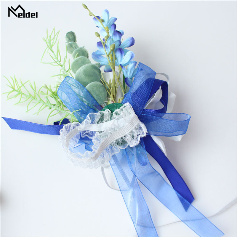 Meldel stanik mężczyźni ślub Boutonniere bransoletka dla nowożeńców nadgarstek stanik biały niebieski Groomsmen przypinka spotkanie impreza dekoracja w kwiaty