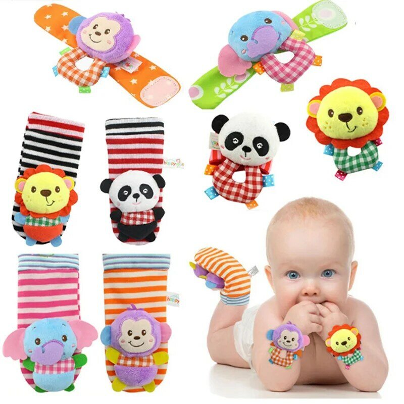 Sonajeros con correa para la muñeca, calcetines de animales, juguetes de desarrollo para pies y manos suaves para bebés de 0 A 12 meses, Juego de 2 unidades