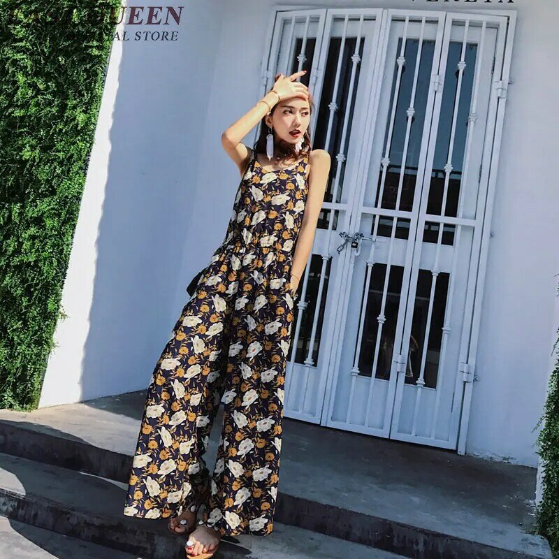 High waist jumpsuit women 2018 vintage floral print jumpsuit women elegant sleeveless wide leg jumpsuit with pockets NN0746 YQ