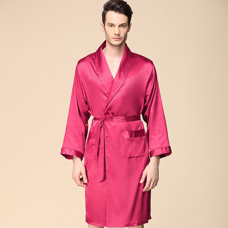 Mannen Zijden Gewaden Grote Maat 5XL Satin Lange Mouw Pyjama Badjas Mannelijke Nachtjapon Nachtkleding Kimono Effen Kamerjas