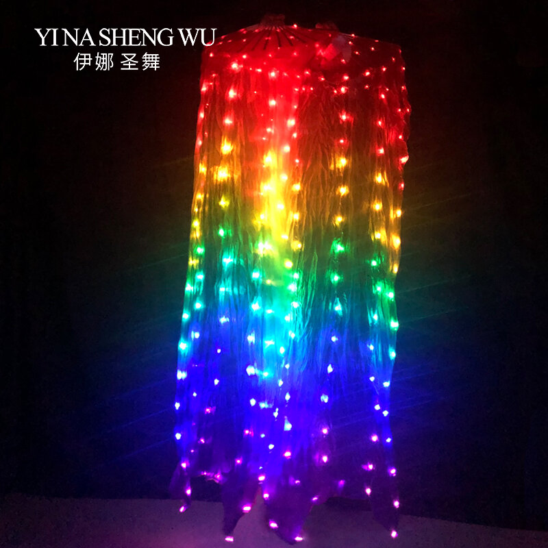 100% Silk LED Rainbow Dance Fans Women Belly Dance Performance Props 1Pair Left+Right Hand White/Rainbow Belly Dance LED Fans