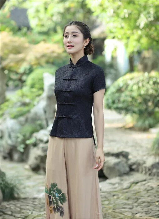 Sexy Schwarz Spitze frauen Sommer Kurzarm Bluse Chinesischen Vintage Taste Hemd Mandarin Kragen Kleidung M L XL XXL XXXL 2520-1