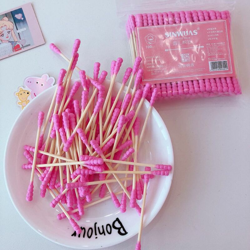 100 Stück/Packung rosa Doppelkopf Wattes täbchen Sticks weibliche Make-up-Entferner Wattes täbchen Spitze für medizinische Nasen ohren Reinigung staub dicht