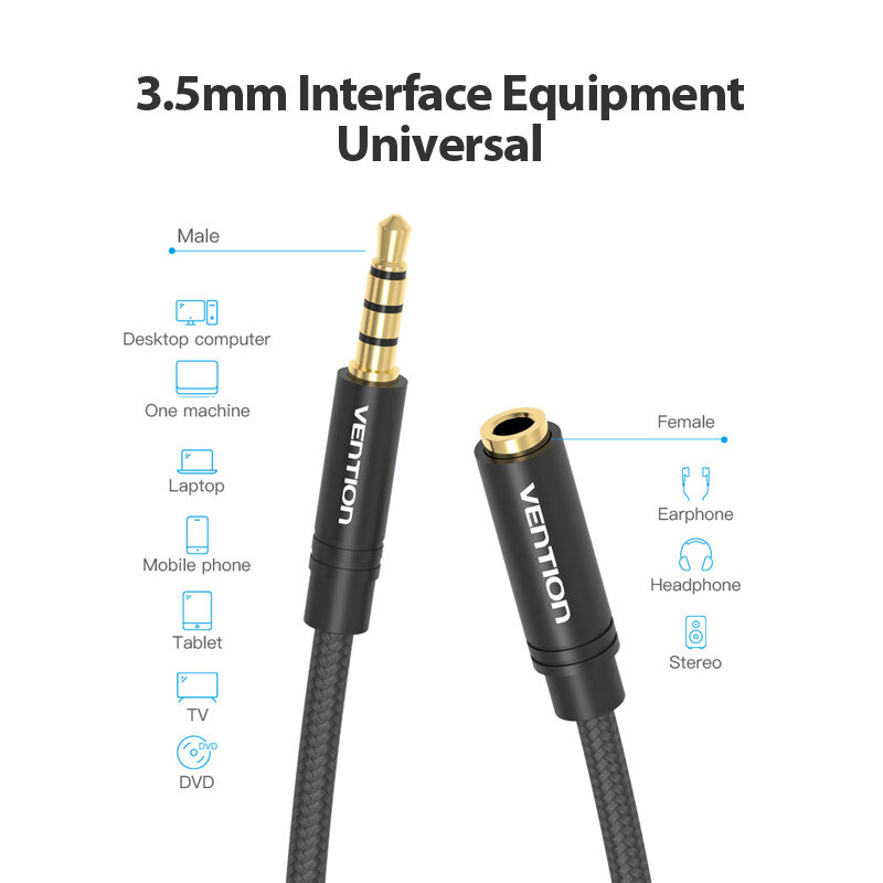 Vention Jack 3.5 Aux Extension Cable for Car Laptop Mini PC TV Xiaomi Huawei Stereo 3.5 mm Jack Headphone Speaker Cable Auxiliar